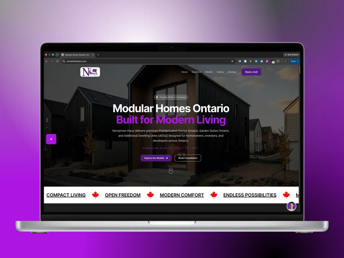 Norsemen Haus website showing Scandinavian-inspired modular home models with clean premium design