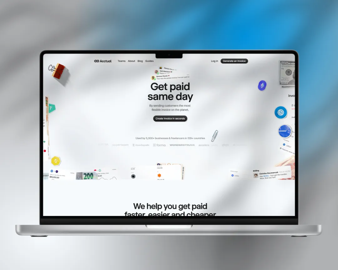 Acctual SaaS website showing modern invoicing interface with clean fintech design and clear signup path