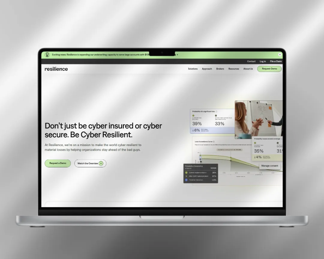 Resilience cyber risk platform website showing clean enterprise design and structured product navigation