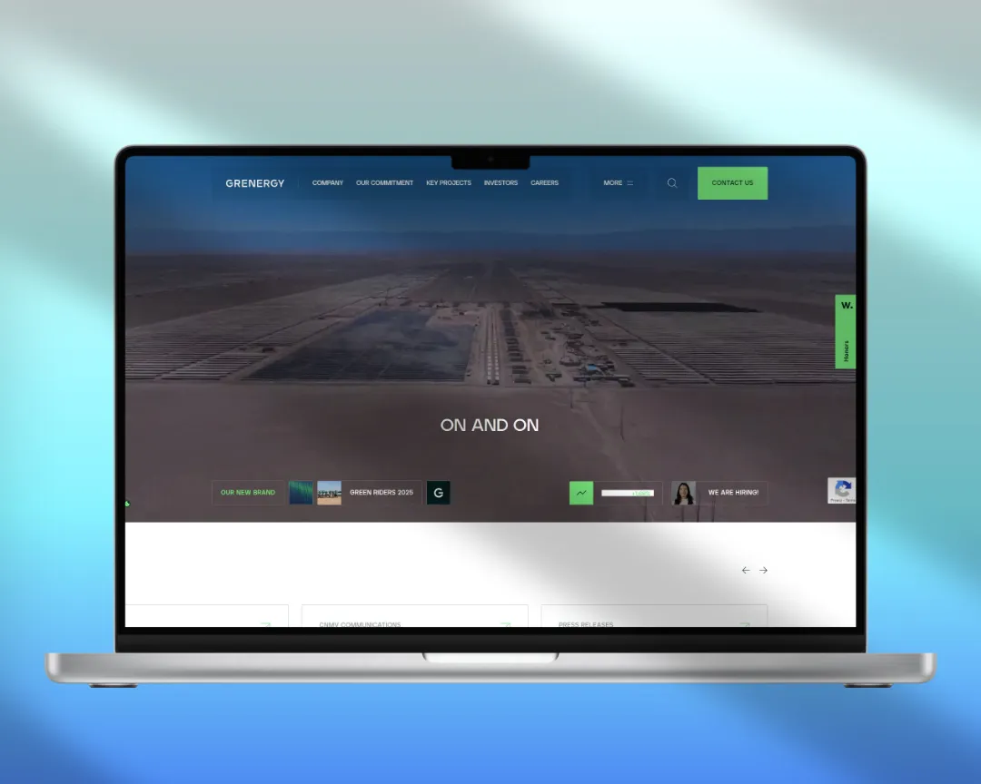 Grenergy corporate website showing utility-scale solar project imagery and clean enterprise design